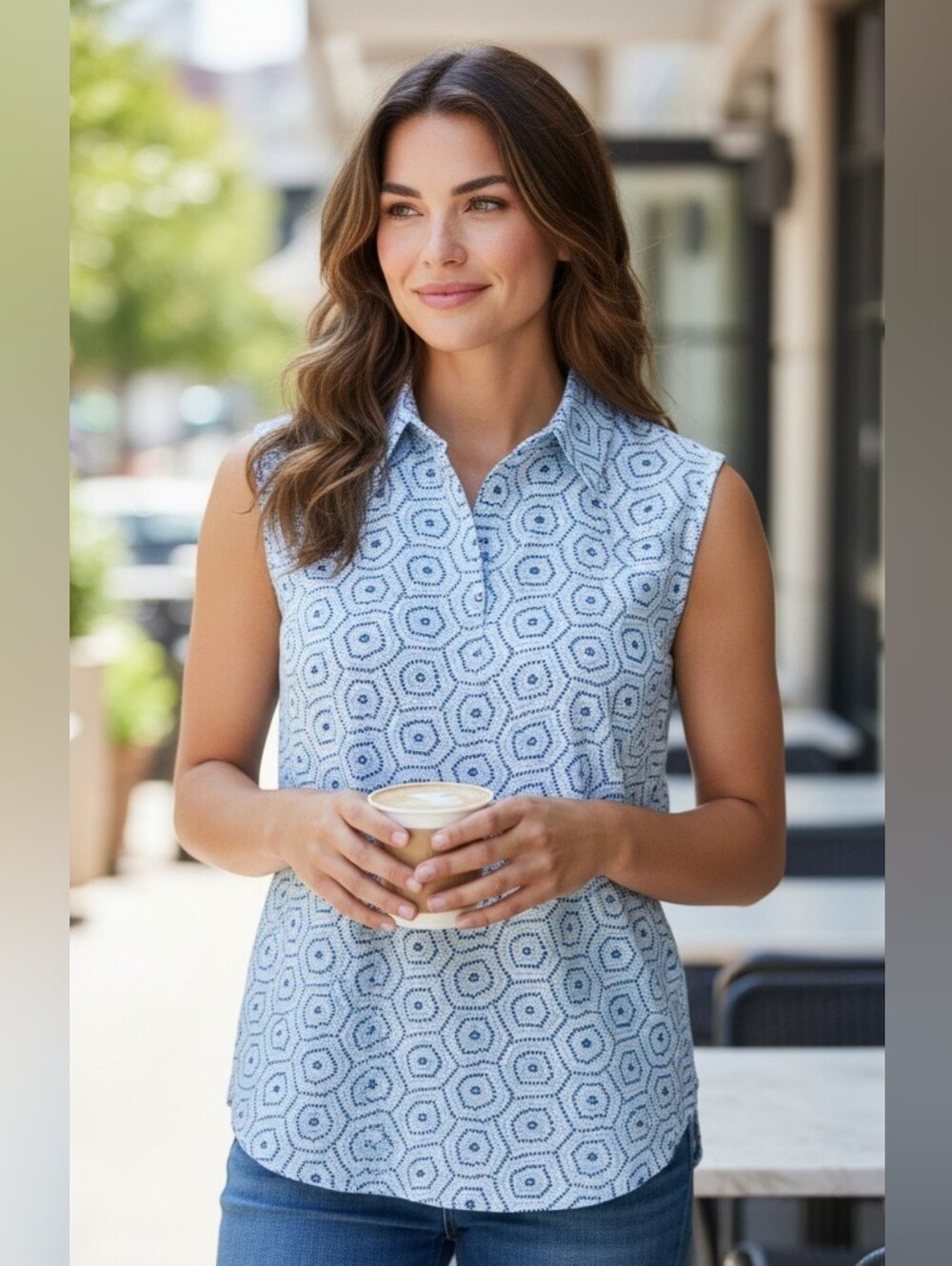 Belyn Key Light Blue Hexagon Print Sleeveless Polo